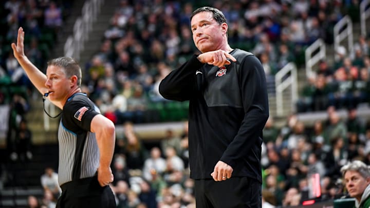 Ohio State's head coach Kevin McGuff reacts during the second quarter in the game against Michigan State on Sunday, March 1, 2026, at the Breslin Center in East Lansing. Ohio State's head coach Kevin McGuff reacts during the second quarter in the game against Michigan State on Sunday, March 1, 2026, at the Breslin Center in East Lansing.