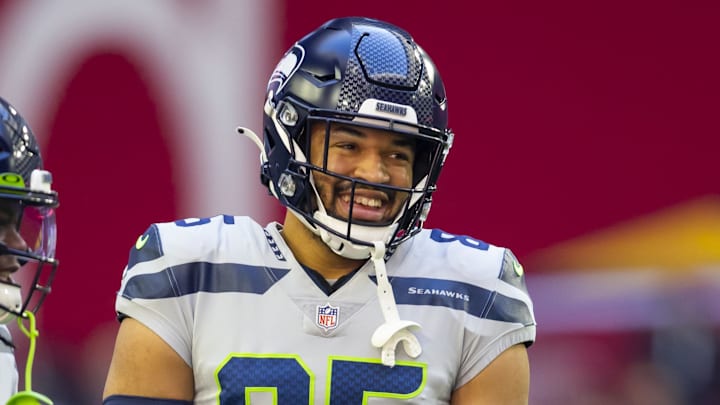 Jan 9, 2022; Glendale, Arizona, USA; Seattle Seahawks tight end Tyler Mabry (85) against the Arizona Cardinals at State Farm Stadium. Mandatory Credit: Mark J. Rebilas-Imagn Images