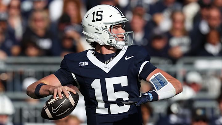 Oct 11, 2025; University Park, Pennsylvania, USA; Penn State Nittany Lions quarterback Drew Allar (15) throws a pass in the first quarter against the Northwestern Wildcats at Beaver Stadium. Mandatory Credit: Matthew O'Haren-Imagn Images