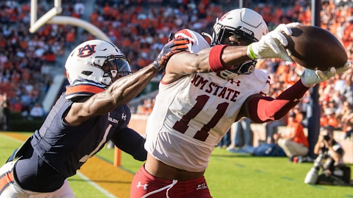 New Mexico State Aggies wide receiver Kordell David (11) catches a touchdown pass in the corner of the end zone during the first quarter as Auburn Tigers take on New Mexico State Aggies at Jordan-Hare Stadium in Auburn, Ala., on Saturday, Nov. 18, 2023.