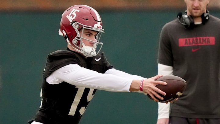 Mar 5, 2025; Tuscaloosa, AL, USA; Quarterback Ty Simpson works a drill during Spring Practice for the Crimson Tide. Mar 5, 2025; Tuscaloosa, AL, USA; Quarterback Ty Simpson works a drill during Spring Practice for the Crimson Tide.