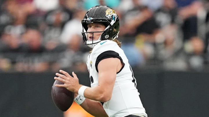 Nov 2, 2025; Paradise, Nevada, USA; Jacksonville Jaguars quarterback Trevor Lawrence (16) drops back to make a pass during the first half against the Las Vegas Raiders at Allegiant Stadium. Mandatory Credit: Kirby Lee-Imagn Images