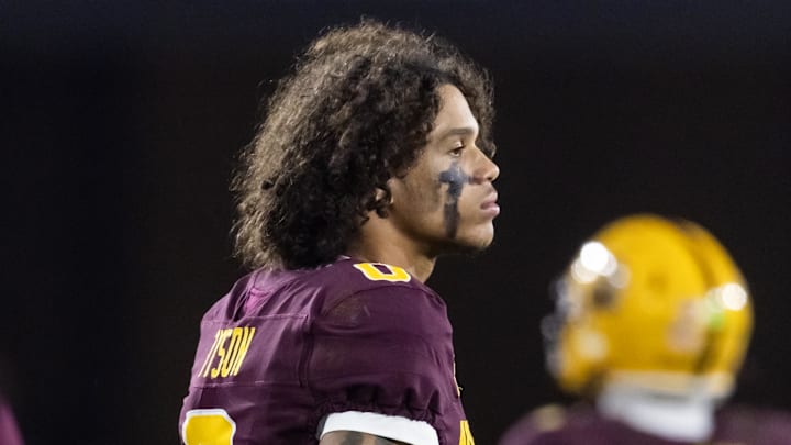 Nov 28, 2025; Tempe, Arizona, USA; Arizona State Sun Devils wide receiver Jordyn Tyson (0) reacts against the Arizona Wildcats in the second half during the 99th Territorial Cup at Mountain America Stadium. Mandatory Credit: Mark J. Rebilas-Imagn Images
