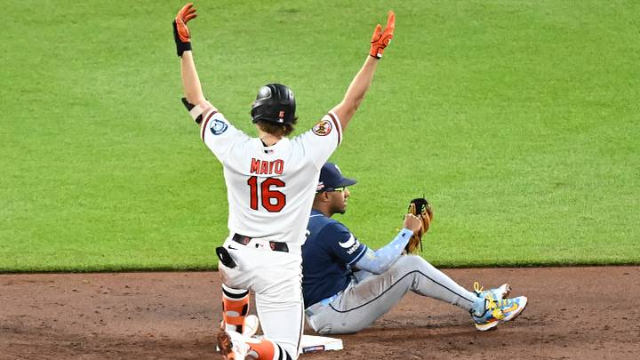 Aug 22, 2026; Baltimore, Maryland, USA; Baltimore Orioles first baseman Coby Mayo (16) is safe at second base during the third inning against the Tampa Bay Rays at Oriole Park at Camden Yards. Mandatory Credit: James A. Pittman-Imagn Images Aug 22, 2026; Baltimore, Maryland, USA; Baltimore Orioles first baseman Coby Mayo (16) is safe at second base during the third inning against the Tampa Bay Rays at Oriole Park at Camden Yards. Mandatory Credit: James A. Pittman-Imagn Images
