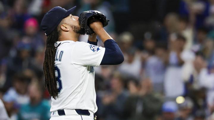 May 19, 2026; Seattle, Washington, USA; Seattle Mariners pitcher Luis Castillo (58) reacts following the final out of the seventh inning against the Chicago White Sox at T-Mobile Park. Mandatory Credit: Joe Nicholson-Imagn Images