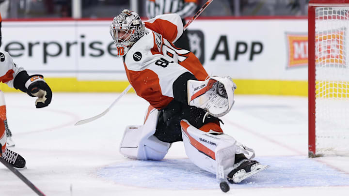 Jan 8, 2026; Philadelphia, Pennsylvania, USA; Philadelphia Flyers goaltender Dan Vladar (80) makes a save against the Toronto Maple Leafs during the second period at Xfinity Mobile Arena. Mandatory Credit: Bill Streicher-Imagn Images