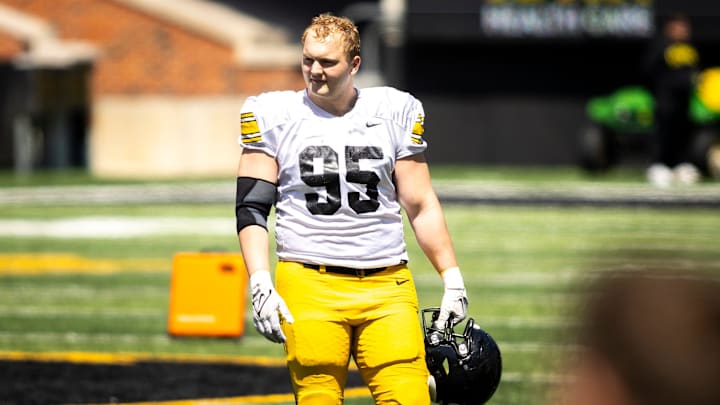 Apr 26, 2025; Iowa City, IA, USA; Iowa defensive lineman Aaron Graves (95) looks on during a spring NCAA football open practice at Kinnick Stadium. Mandatory Credit: Joseph Cress/For the Register