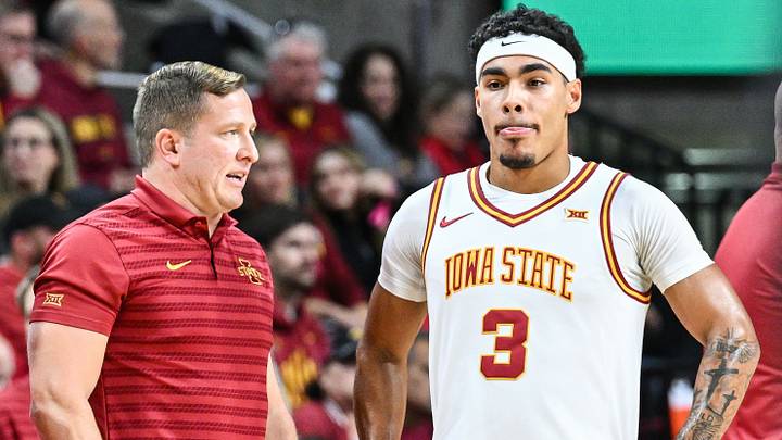 Jan 4, 2025; Ames, Iowa, USA; Iowa State Cyclones head coach T.J. Otzelberger talks with Iowa State Cyclones guard Tamin Lipsey (3) during the game against the Baylor Bears at James H. Hilton Coliseum. Mandatory Credit: Jeffrey Becker-Imagn Images Jan 4, 2025; Ames, Iowa, USA; Iowa State Cyclones head coach T.J. Otzelberger talks with Iowa State Cyclones guard Tamin Lipsey (3) during the game against the Baylor Bears at James H. Hilton Coliseum. Mandatory Credit: Jeffrey Becker-Imagn Images