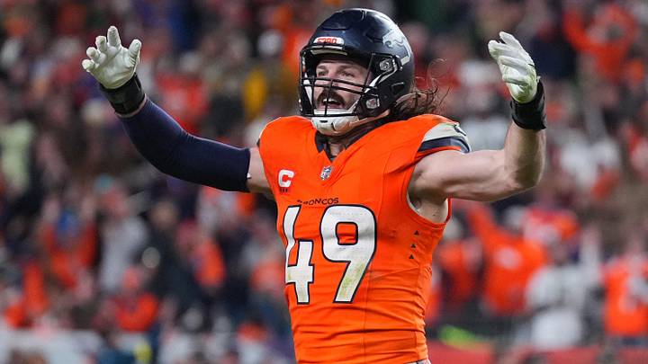 Dec 14, 2025; Denver, Colorado, USA; Denver Broncos linebacker Alex Singleton (49) celebrates defeating the Green Bay Packers during the fourth quarter at Empower Field at Mile High. 
