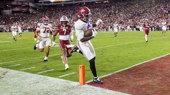 Oct 25, 2025; Columbia, South Carolina, USA; Alabama Crimson Tide wide receiver Germie Bernard (5) scores the game-winning touchdown against the South Carolina Gamecocks in the fourth quarter at Williams-Brice Stadium. Mandatory Credit: Jeff Blake-Imagn Images Oct 25, 2025; Columbia, South Carolina, USA; Alabama Crimson Tide wide receiver Germie Bernard (5) scores the game-winning touchdown against the South Carolina Gamecocks in the fourth quarter at Williams-Brice Stadium. Mandatory Credit: Jeff Blake-Imagn Images