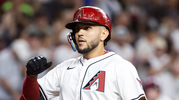 Sep 23, 2025; Phoenix, Arizona, USA; Arizona Diamondbacks catcher Adrian Del Castillo rounds the bases after hitting a home run against the Los Angeles Dodgers at Chase Field. Mandatory Credit: Mark J. Rebilas-Imagn Images
