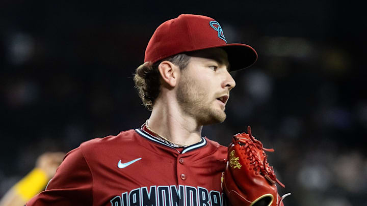 Sep 7, 2025; Phoenix, Arizona, USA; Arizona Diamondbacks pitcher Ryne Nelson against the Boston Red Sox at Chase Field. Mandatory Credit: Mark J. Rebilas-Imagn Images