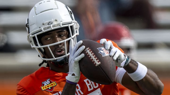 Jan 28, 2025; Mobile, AL, USA; American team wide receiver Jalen Royals of Utah State (17) makes a catch during Senior Bowl practice for the American team at Hancock Whitney Stadium. Mandatory Credit: Vasha Hunt-Imagn Images