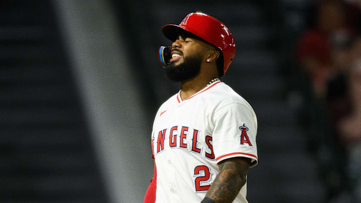 Sep 25, 2025; Anaheim, California, USA; Los Angeles Angels third baseman Luis Rengifo (2) reacts after fouling a ball off his foot during the eighth inning against the Kansas City Royals at Angel Stadium. Mandatory Credit: William Liang-Imagn Images Sep 25, 2025; Anaheim, California, USA; Los Angeles Angels third baseman Luis Rengifo (2) reacts after fouling a ball off his foot during the eighth inning against the Kansas City Royals at Angel Stadium. Mandatory Credit: William Liang-Imagn Images
