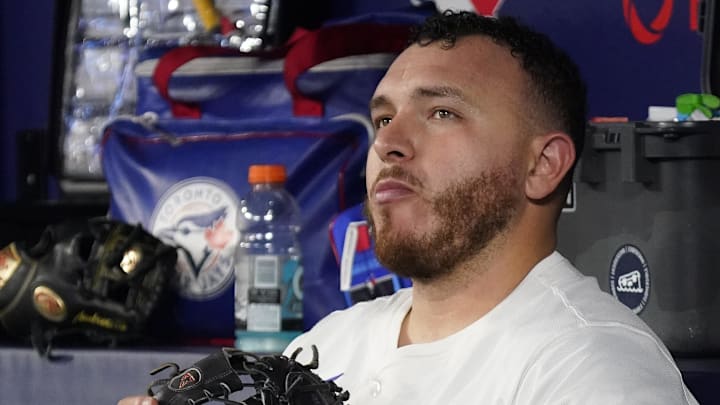 Apr 29, 2025; Toronto, Ontario, CAN; Toronto Blue Jays catcher Alejandro Kirk (30) in the dug out during a game against the Boston Red Sox at Rogers Centre