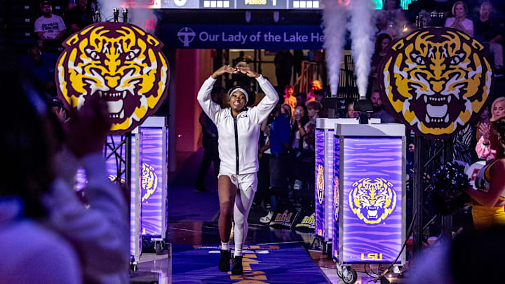 Nov 8, 2024; Baton Rouge, Louisiana, USA;  LSU Lady Tigers guard Aneesah Morrow (24) announced to the crowd before a game against the Northwestern State Lady Demons at Pete Maravich Assembly Center. Mandatory Credit: Stephen Lew-Imagn Images