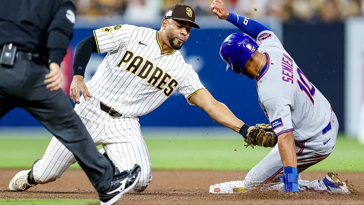 Jun 6, 2026; San Diego, California, USA; San Diego Padres shortstop Xander Bogaerts (2) tags out New York Mets second baseman Marcus Semien (10) attempting to steal second base during the fourth inning at Petco Park. Mandatory Credit: David Frerker-Imagn Images Jun 6, 2026; San Diego, California, USA; San Diego Padres shortstop Xander Bogaerts (2) tags out New York Mets second baseman Marcus Semien (10) attempting to steal second base during the fourth inning at Petco Park. Mandatory Credit: David Frerker-Imagn Images