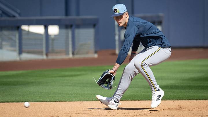 Milwaukee Brewers infielder Cooper Pratt fields a ground ball during spring training workouts Tuesday, February 17, 2026, at American Family Fields of Phoenix in Phoenix, Arizona.