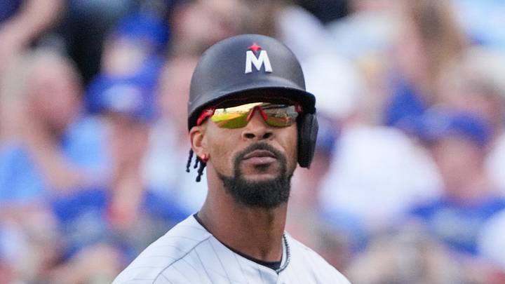 Mar 30, 2026; Kansas City, Missouri, USA; Minnesota Twins center fielder Byron Buxton (25) reacts after striking out against the Kansas City Royals during the fifth inning at Kauffman Stadium. Mandatory Credit: Denny Medley-Imagn Images