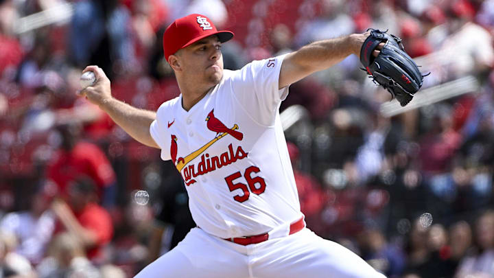 Apr 24, 2024; St. Louis, Missouri, USA;  St. Louis Cardinals relief pitcher Ryan Helsley (56)