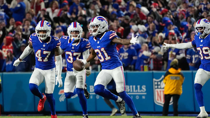 Nov 2, 2025; Orchard Park, New York, USA; Buffalo Bills cornerback Maxwell Hairston (31) intercepts the ball in the second half against the Kansas City Chiefs at Highmark Stadium. Nov 2, 2025; Orchard Park, New York, USA; Buffalo Bills cornerback Maxwell Hairston (31) intercepts the ball in the second half against the Kansas City Chiefs at Highmark Stadium.