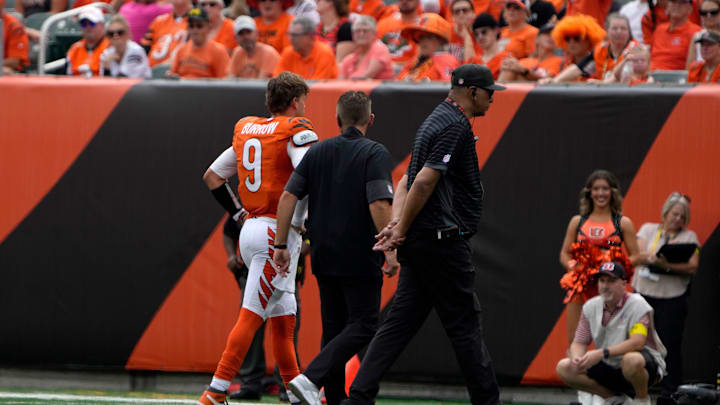Cincinnati Bengals quarterback Joe Burrow walks off the field after a toe injury during NFL Week 2 win against the Jacksonville Jaguars at Paycor Stadium on Sunday, September 14, 2025. Cincinnati Bengals quarterback Joe Burrow walks off the field after a toe injury during NFL Week 2 win against the Jacksonville Jaguars at Paycor Stadium on Sunday, September 14, 2025.