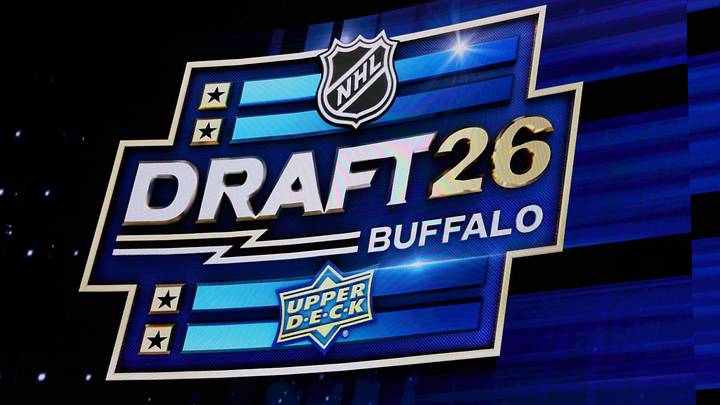 Jun 26, 2026; Buffalo, New York, USA; The logo for the NHL draft during the first round at KeyBank Center. Mandatory Credit: Timothy T. Ludwig-Imagn Images