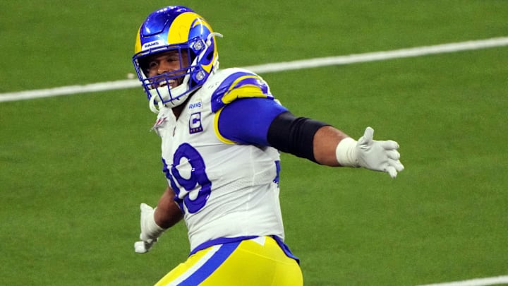 Feb 13, 2022; Inglewood, California, USA; Los Angeles Rams defensive end Aaron Donald (99)