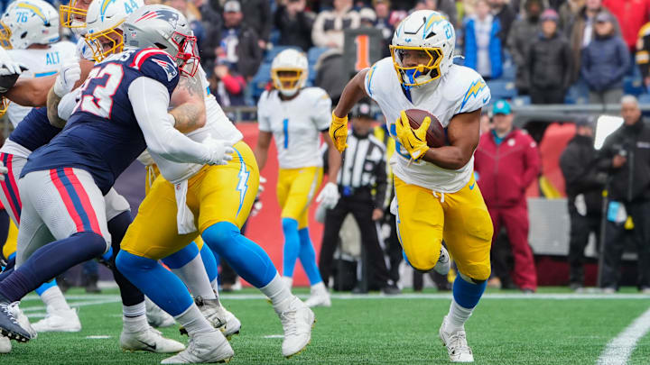 Dec 28, 2024; Foxborough, Massachusetts, USA; Los Angeles Chargers running back J.K. Dobbins.