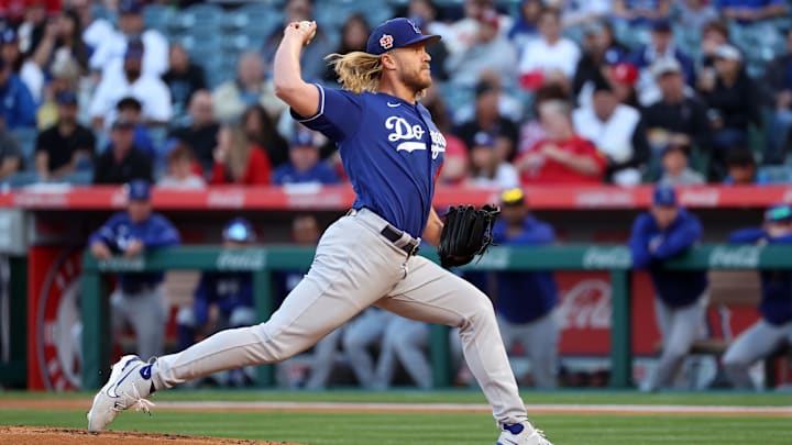 Mar 27, 2023; Anaheim, California, USA;  Los Angeles Dodgers starting pitcher Noah Syndergaard (43) pitches during the first inning against the Los Angeles Angels at Angel Stadium. 