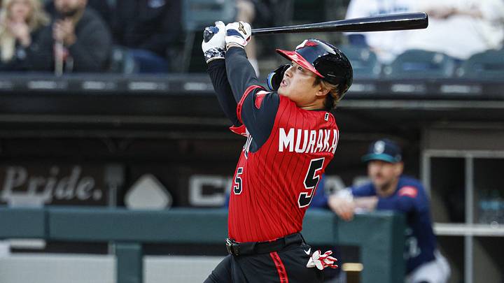 May 8, 2026; Chicago, Illinois, USA; Chicago White Sox first baseman Munetaka Murakami (5) hits a solo home run against the Seattle Mariners during the first inning at Rate Field. Mandatory Credit: Kamil Krzaczynski-Imagn Images
