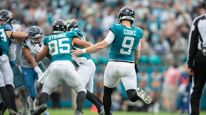 Dec 29, 2024; Jacksonville, Florida, USA; Jacksonville Jaguars punter Logan Cooke (9) punts the ball against the Tennessee Titans in the fourth quarter at EverBank Stadium. Mandatory Credit: Jeremy Reper-Imagn Images