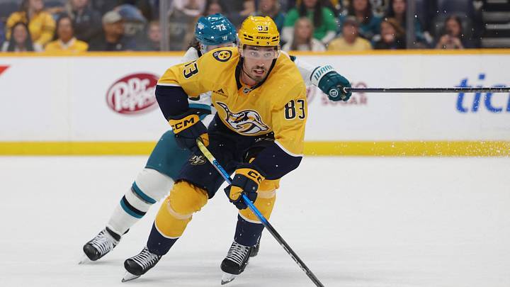 Apr 13, 2026; Nashville, Tennessee, USA; Nashville Predators defenseman Adam Wilsby (83) moves the puck during the third period of their game against the San Jose Sharks at Bridgestone Arena. Mandatory Credit: Alan Poizner-Imagn Images Apr 13, 2026; Nashville, Tennessee, USA; Nashville Predators defenseman Adam Wilsby (83) moves the puck during the third period of their game against the San Jose Sharks at Bridgestone Arena. Mandatory Credit: Alan Poizner-Imagn Images