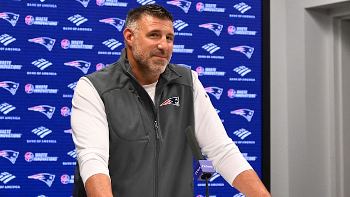 May 9, 2025; Foxborough, MA, USA;  New England Patriots head coach Mike Vrabel speaks to the media during a press conference at Gillette Stadium.