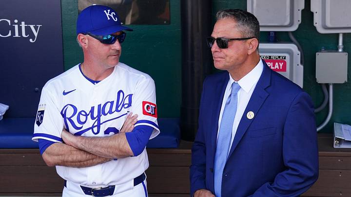 Mar 30, 2026; Kansas City, Missouri, USA; Kansas City Royals manager Matt Quatraro (33) talks with general manager J.j. Piccolo in the dugout prior to a game against the Minnesota Twins at Kauffman Stadium. Mandatory Credit: Denny Medley-Imagn Images Mar 30, 2026; Kansas City, Missouri, USA; Kansas City Royals manager Matt Quatraro (33) talks with general manager J.j. Piccolo in the dugout prior to a game against the Minnesota Twins at Kauffman Stadium. Mandatory Credit: Denny Medley-Imagn Images