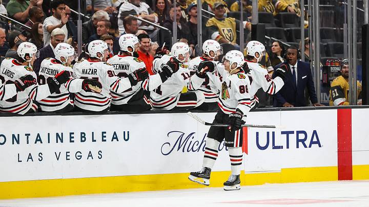 Sep 29, 2026; Las Vegas, Nevada, USA;  Chicago Blackhawks right wing Patrick Kane celebrates after scoring a goal against Vegas Golden Knights during the third period at T-Mobile Arena.  Mandatory Credit: Christopher Trim-Imagn Images