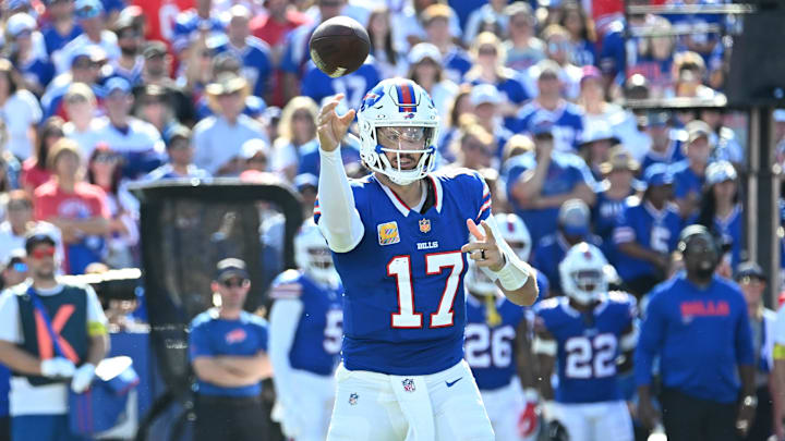 Sep 28, 2025; Orchard Park, New York, USA; Buffalo Bills quarterback Josh Allen (17) throws downfield during the fourth quarter against the New Orleans Saints Sep 28, 2025; Orchard Park, New York, USA; Buffalo Bills quarterback Josh Allen (17) throws downfield during the fourth quarter against the New Orleans Saints