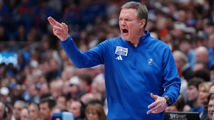 Kansas Jayhawks head coach Bill Self yells out during the game against BYU Cougars inside Allen Fieldhouse on Jan. 31, 2026.