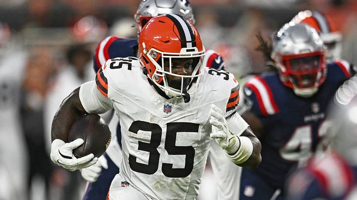 Aug 27, 2026; Cleveland, Ohio, USA; Cleveland Browns running back Raheim Sanders (35) runs the ball against the New England Patriots during the first half at Huntington Bank Field. Mandatory Credit: Ken Blaze-Imagn Images Aug 27, 2026; Cleveland, Ohio, USA; Cleveland Browns running back Raheim Sanders (35) runs the ball against the New England Patriots during the first half at Huntington Bank Field. Mandatory Credit: Ken Blaze-Imagn Images