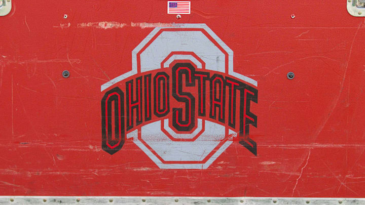 Nov 17, 2012; Madison, WI, USA;  The Ohio State Buckeyes logo on a crate on the sidelines prior to the game against the Wisconsin Badgers at Camp Randall Stadium.  Ohio State defeated Wisconsin 21-14 in overtime.  Mandatory Credit: Jeff Hanisch-USA TODAY Sports