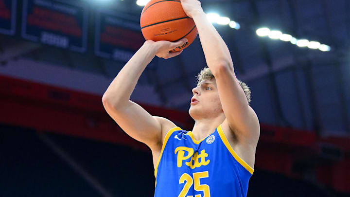 Mar 7, 2026; Syracuse, New York, USA; Pittsburgh Panthers guard Nojus Indrusaitis (25) shoots during the first half against the Syracuse Orange at the JMA Wireless Dome. Mandatory Credit: Rich Barnes-Imagn Images