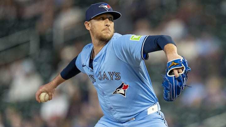 Jun 6, 2025; Minneapolis, Minnesota, USA; Toronto Blue Jays relief pitcher Jeff Hoffman (23) delivers a pitch against the Minnesota Twins in the ninth inning against the Minnesota Twins at Target Field. 