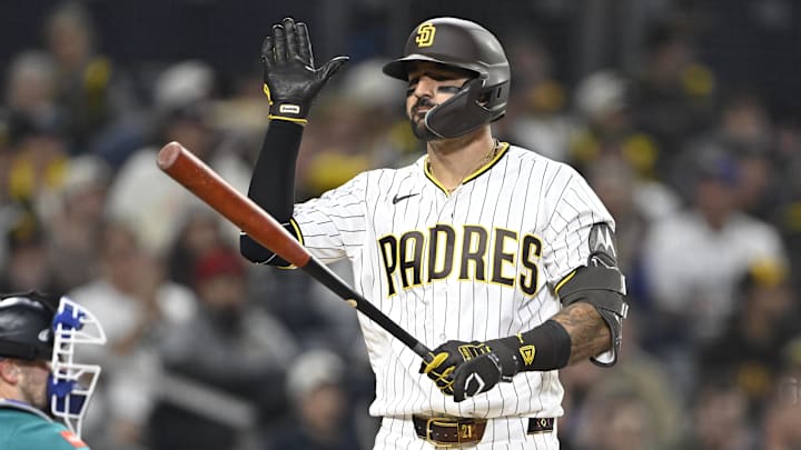 Apr 15, 2026; San Diego, California, USA; San Diego Padres right fielder Nick Castellanos reacts after striking out during the ninth inning against the Seattle Mariners at Petco Park. All MLB players are wearing number 42 today to honor Jackie Robinson. Mandatory Credit: Denis Poroy-Imagn Images