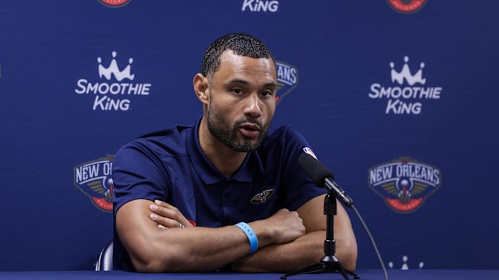 Sep 26, 2022; New Orleans, LA, USA; New Orleans Pelicans general manager Trajan Langdon during a press conference at the New Orleans Pelicans Media Day from the Smoothie King Center. Mandatory Credit: Stephen Lew-Imagn Images Sep 26, 2022; New Orleans, LA, USA; New Orleans Pelicans general manager Trajan Langdon during a press conference at the New Orleans Pelicans Media Day from the Smoothie King Center. Mandatory Credit: Stephen Lew-Imagn Images