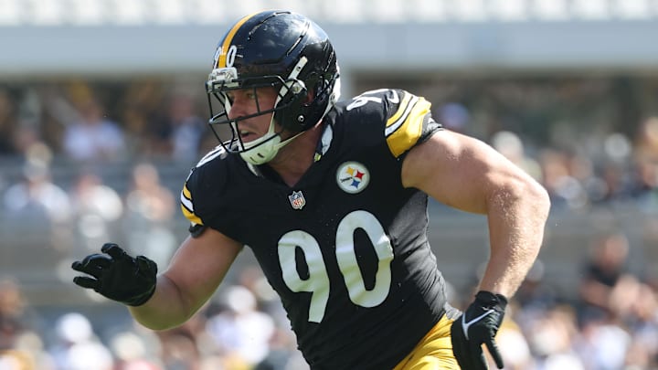 Sep 14, 2025; Pittsburgh, Pennsylvania, USA; Pittsburgh Steelers linebacker T.J. Watt (90) in action against the Seattle Seahawks during the third quarter at Acrisure Stadium. Mandatory Credit: Charles LeClaire-Imagn Images Sep 14, 2025; Pittsburgh, Pennsylvania, USA; Pittsburgh Steelers linebacker T.J. Watt (90) in action against the Seattle Seahawks during the third quarter at Acrisure Stadium. Mandatory Credit: Charles LeClaire-Imagn Images