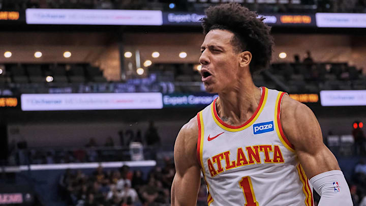 Nov 22, 2025; New Orleans, Louisiana, USA;  Atlanta Hawks forward Jalen Johnson (1) reacts against the New Orleans Pelicans at Smoothie King Center during the first half of the game. Mandatory Credit: Daniel Anderson-Imagn Images