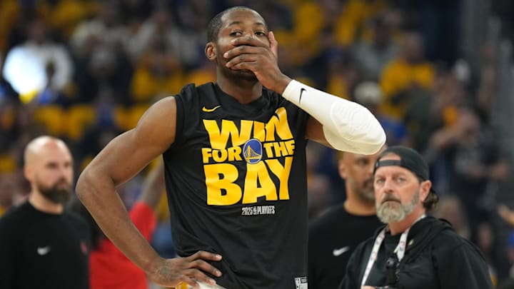 Apr 26, 2025; San Francisco, California, USA; Golden State Warriors forward Jonathan Kuminga (00) before game three of first round for the 2024 NBA Playoffs against the Houston Rockets at Chase Center. Mandatory Credit: Darren Yamashita-Imagn Images