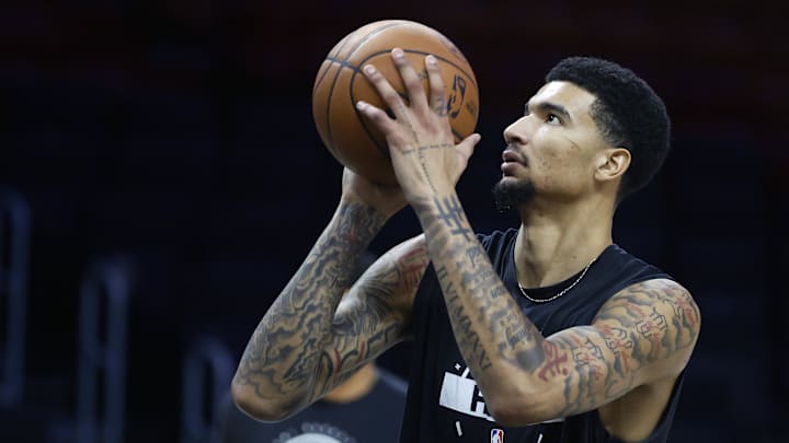 Nov 19, 2025; Miami, Florida, USA; Miami Heat center Kel'el Ware (7) warms up before the game against the Golden State Warriors at Kaseya Center. Mandatory Credit: Rhona Wise-Imagn Images