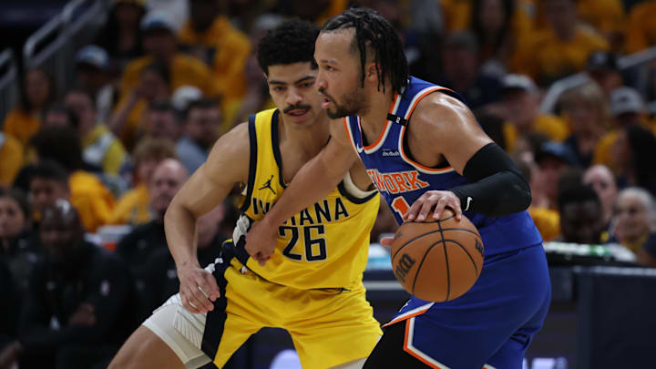 May 25, 2025; Indianapolis, Indiana, USA; New York Knicks guard Jalen Brunson (11) dribbles downcourt past Indiana Pacers guard Ben Sheppard (26) during the third quarter of game three of the eastern conference finals for the 2025 NBA Playoffs at Gainbridge Fieldhouse. Mandatory Credit: Trevor Ruszkowski-Imagn Images
