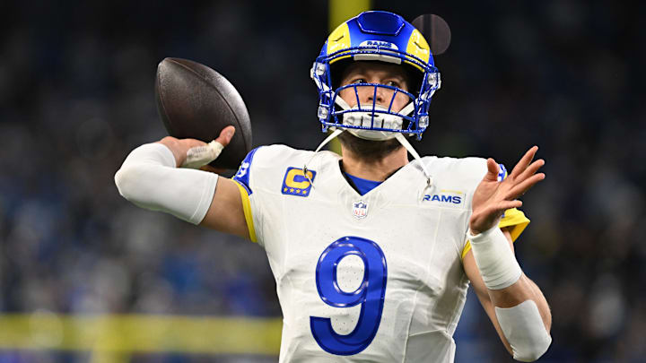 Jan 14, 2024; Detroit, Michigan, USA; Los Angeles Rams quarterback Matthew Stafford (9) warms up